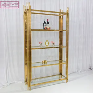 5 layers high gold stainless steel wine bar shelf with black glass top for party