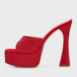 Sandales d'été à talons hauts fins et plateforme épaisse, bout ouvert, style mules, ornées de petits diamants, pour femmes - Product Image 3