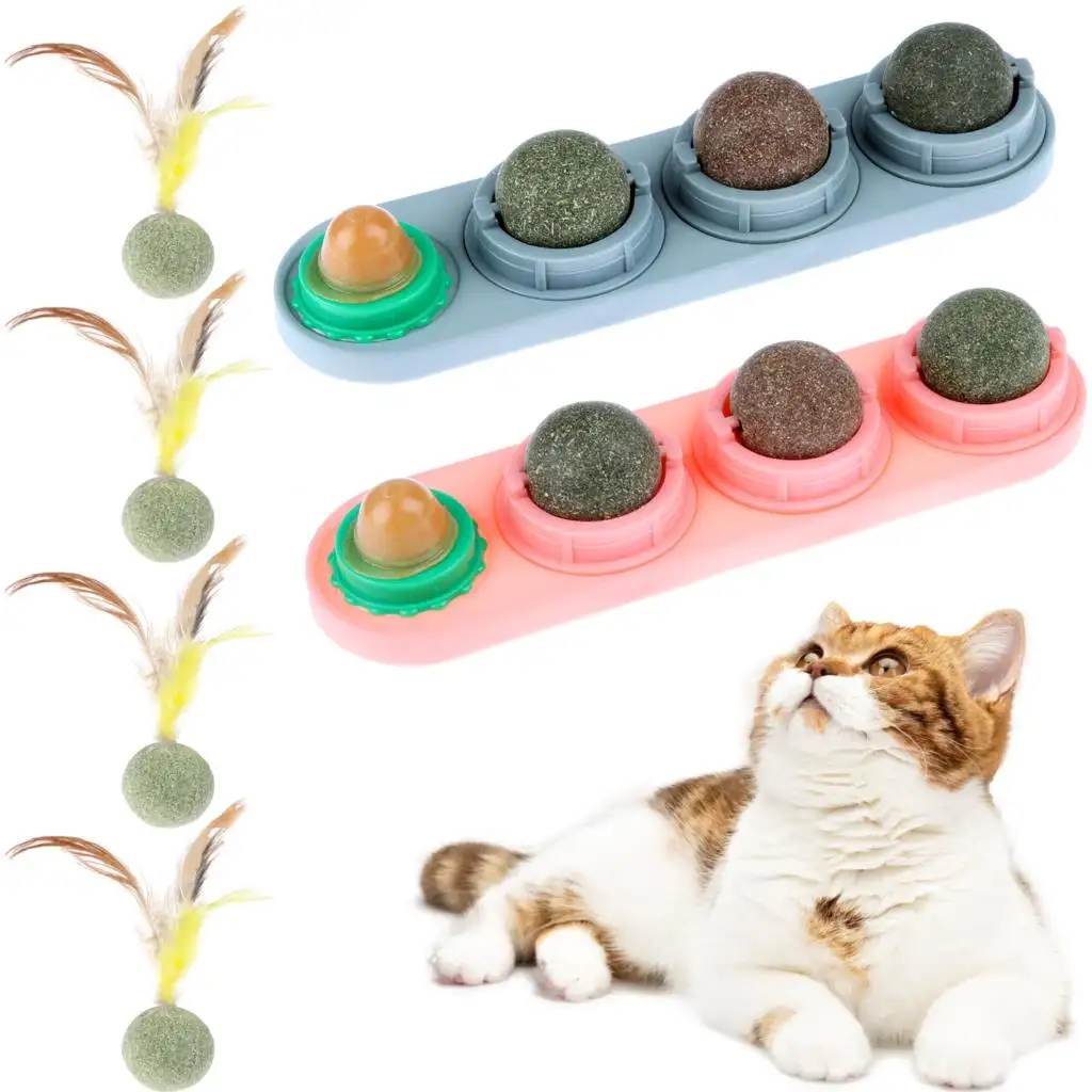 Envío de la gota 4 unids/set Catnip bola Set gato tratar juguetes de auto-adhesivo de la dentición Molar Catnip bola girar pared para los gatos de montaje