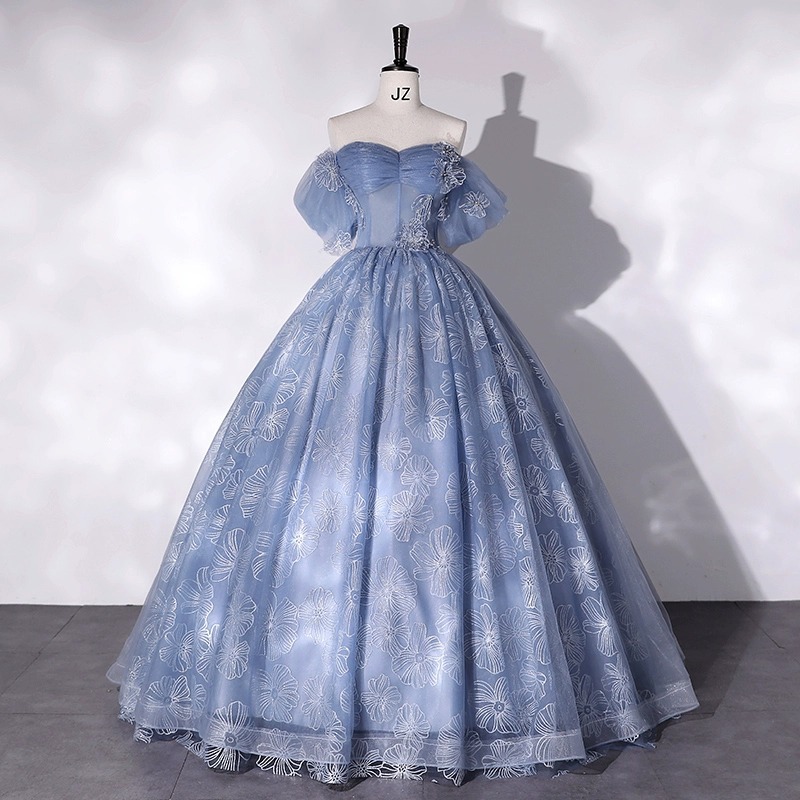SWS661 Blue Art Floral Tube Top High-End New Gown Bride Sweetheart Chiffon  Natural Summer Parties Flowers Evening Dress| Alibaba.com