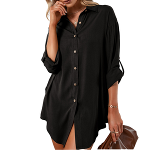 Nuevo Diseño de Camisas de Mujer, Estilo Vintage, Casual, Verano, Largas, Sólidas, con Botones, Tejidas, Transpirables, Talla Grande, Manga Raglán, de Diseñador - Product Image 1