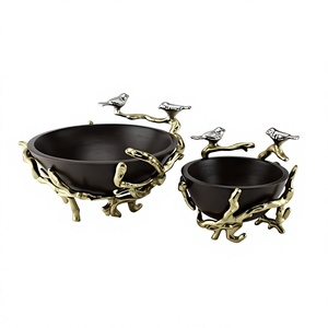 Bol à fruits design moderne et écologique AMSON BRASS en métal noir et or, motif branches et oiseaux, en forme d'arbre, pour la maison - Grande Vente - Product Image 1