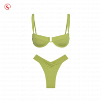 Meilleure Vente Ensemble Bikini Côtelé Personnalisable avec Logo pour Femme, Vert Citron, Haut Balconnet à Armatures, Maillot de Bain Taille Haute à Nouer au Dos