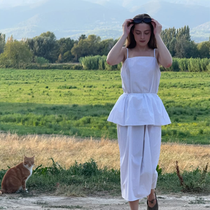 여름 우아한 캐주얼 여성 투피스 세트 원피스 화이트 스트라이프 스파게티 스트랩 Peplum 탄성 허리 레이스 솔리드 코튼 플로우 - Product Image 4