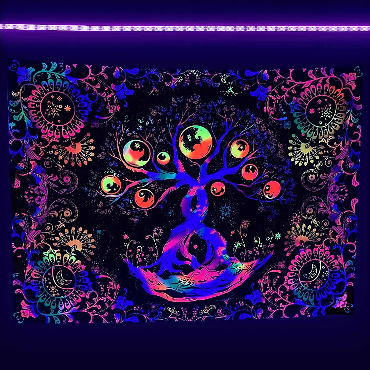 Arazzo da parete invernale reattivo al Neon psichedelico con Design nero a parete