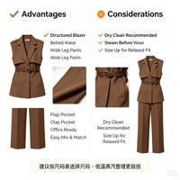 Ensemble deux pièces pour femme : veste sans manches ceinturée et pantalon droit taille haute