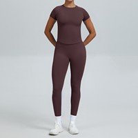 Ensemble de yoga sans couture uni, séchage rapide, coupe ajustée, avec haut à manches courtes et leggings sculptants à effet ventre plat, pour femme, vêtements de sport