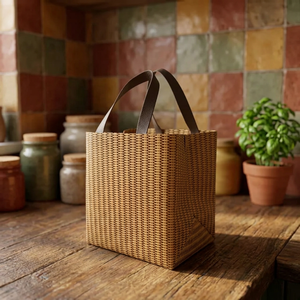 Bolsa de Compras Reutilizable de Tela No Tejida Laminada con Asas de Cuero para Supermercado, Color Marrón Natural - Product Image 3