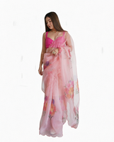 Ensemble de sari en organza floral et soie rose transparente avec pièce de blouse en soie brute pour mariage et fête