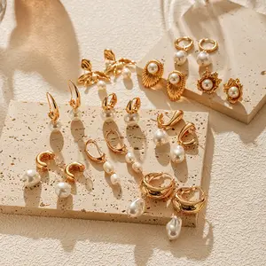 KISSWIFE Custom Bulk Natural Pearl Drop Dangle Hoop Earrings Fashion 18k Gold Plated Top Quality Jewelry