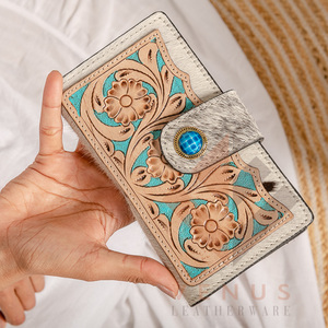 Hand Tooled Carving Wallet Clutch <b>Phone</b> Case Stylish Cowhide Fur Leather New Design Wallet Multi Uses Western Leather Wallets - Product Image 2