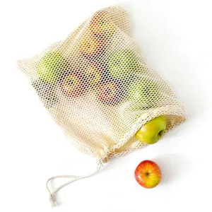 حقيبة برباط للفواكه قابلة لإعادة الاستخدام حقيبة شبكية للخضروات حقيبة منتج قطني صافي