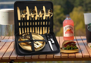 Draagbare Opvouwbare Gevulde Roestvrijstalen Outdoor Servieset Met Mes Vork Lepel En Bord Voor Kamperen En Picknicks - Product Image 3