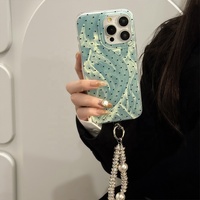Casing HP Mint Green Polka Dot untuk 18promax dengan Rantai Pita 17 Apple 16 Rantai Perak Keras Motif Gelombang