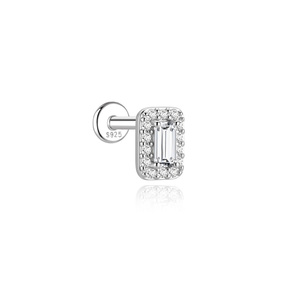 Chic Rectangle Frame S925 Silver Emerald Cut Moissanite Halo Flat Back <b>Cartilage</b> Piercing <b>Stud</b> Earring <b>Cartilage</b> Moissanite - Product Image 1