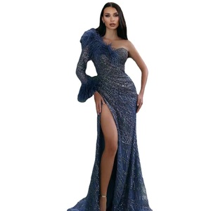 Último diseño Color sólido un hombro brillante lentejuelas vestido <span class=keywords><strong>de</strong></span> <span class=keywords><strong>fiesta</strong></span> abertura alta longitud completa Maxi elegante mujeres <span class=keywords><strong>vestidos</strong></span> <span class=keywords><strong>de</strong></span> noche 2022 - Product Image 1