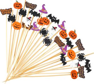 Selecciones <span class=keywords><strong>de</strong></span> cóctel <span class=keywords><strong>de</strong></span> Halloween Bat Ghost Pumpkin Spider Hat Drink <span class=keywords><strong>Topper</strong></span> con palillo <span class=keywords><strong>de</strong></span> madera para Cupcake Postre Fruit Party Supplies - Product Image 1