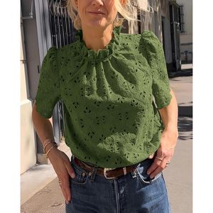 Blusa Verde Bordada con Ojales para Mujer, Manga Corta, Manga Abullonada, Cuello con Volantes, Top Casual de Primavera Verano, Capa Transparente de Encaje - Product Image 5