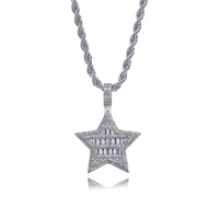 Pendentif Étoile Hip Hop Baguette Plaqué Or Pentagramme CZ Bling Bling Bijoux Homme Iced Out Cadeau