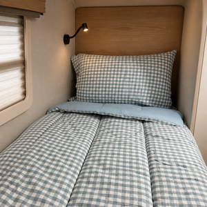 Set Biancheria da <span class=keywords><strong>Letto</strong></span> per Roulotte 100% Cotone Stonewashed Gingham Tutto in Uno, Copripiumino e Federe per <span class=keywords><strong>Letto</strong></span> a Castello, Biancheria da Campeggio All'ingrosso - Product Image 1