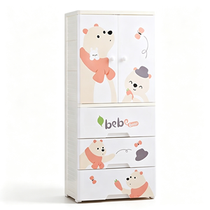 Lemari Penyimpanan Plastik Anak dengan Area Gantung & 3 Laci Organizer Lemari Kamar Anak Motif Beruang Kartun untuk Kamar Tidur Anak Laki-laki dan Perempuan - Product Image 1