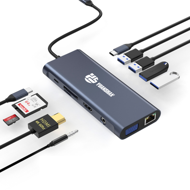 Professional ODM/OEM Factory 12 in 1 Usb Hub HDTV 4K 60Hz VGA 3*USB-A 3.0 2.0 PD 100W Audio Gigabit 1000Mbps Docking Station