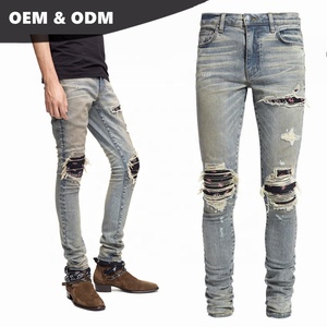Modello di <span class=keywords><strong>Jeans</strong></span> gratis con Bandana Vintage pieghettato a mano toppe al ginocchio fabbricazione di <span class=keywords><strong>Jeans</strong></span> - Product Image 1