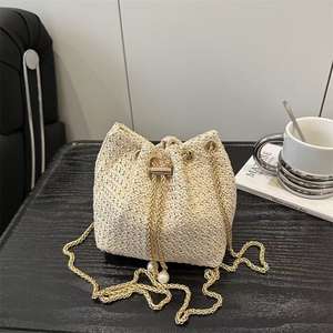 Elegant Woven <b>Drawstring</b> Bucket <b>Bag</b> with Chain Shoulder Strap - Product Image 4