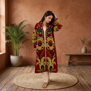 Vestido Maxi Boho de Terciopelo con Bordado Floral, Cuello Mandarín, Manga Larga, Corte Holgado, para Otoño - Product Image 3