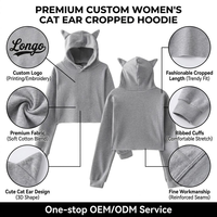 Hoodie court à oreilles de chat pour femme, manches longues, couleur unie, style vintage, broderie 3D, sequins, mignon, streetwear pour filles, hiver
