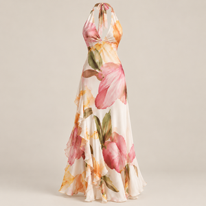 Vestido Largo Halter con Estampado Floral, Espalda Descubierta, Dobladillo con Volantes, Corte en A, Sin Mangas, Elegante, para Vacaciones o Eventos Formales - Product Image 1