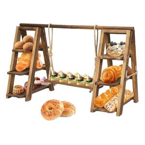 Présentoir à gâteaux et desserts 3 niveaux en bois de noyer foncé, forme irrégulière, idéal pour mariages et fêtes - Product Image 1