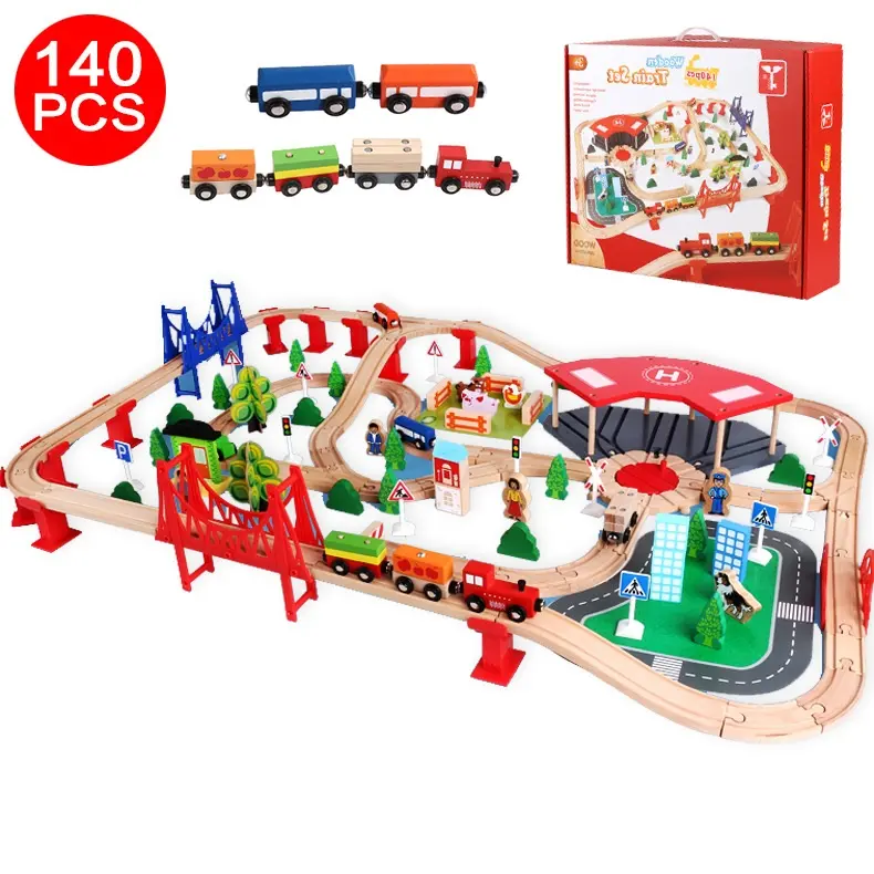 Wholesale funny electric toy children wooden train 80pcs 100pcs 140pcs sets for sale