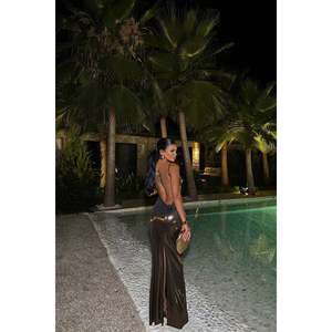 Brown Madelyn Glittering Long Evening Dress Romantic <b>Vintage</b> Style <b>Ball</b> <b>Gown</b> High Simple Design XL Polyester Floor-Length Sheath - Product Image 1