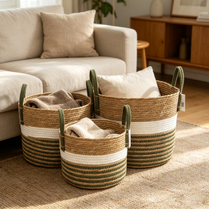 Panier tissé naturel rayé vert et blanc avec corde en coton et poignées, organisateur écologique pour la maison - Product Image 2