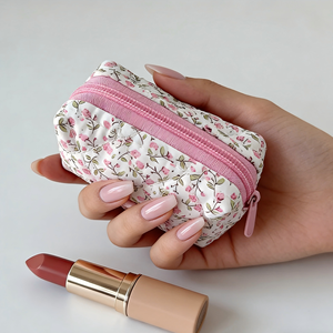 Cute Floral Quilted Mini <strong>Lipstick</strong> Bag Cotton Mini Makeup Pouch With Bow for Women Lip Gloss <strong>Case</strong> Travel Daily Beauty Accessory - Product Image 3