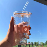 Gobelet en verre écologique sans BPA, design tendance, avec couvercles à bouton-poussoir et pailles, paroi épaisse, style moderne, 16 oz