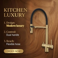 Robinet de cuisine classique en acier inoxydable 304 brossé doré, mitigeur 2 poignées chaud/froid en céramique à poser sur comptoir pour eau potable