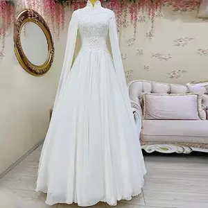 Hot Sale High Neckline Long Sleeve Beaded Mermaid Bridal Gowns Court Train Simple Lace Appliqued Wedding Dress