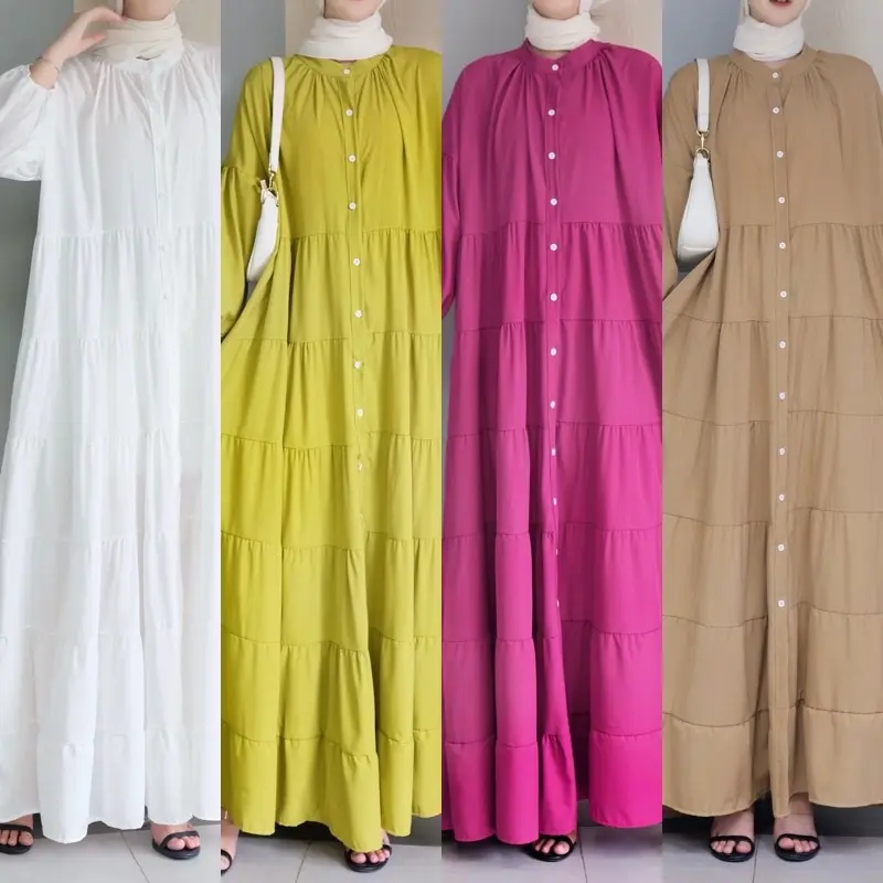 새로운 4 색 편안하고 부드러운 긴 드레스 Abaya 독특한 버튼 디자인