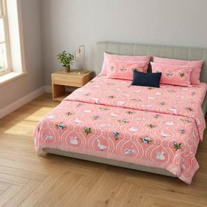 Ensemble de literie en coton style princesse, motif cygne imprimé, 400TC, drap de lit double 1,8 m, taie d'oreiller, housse de couette - Product Image 1