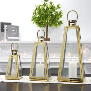 Conjunto De 3 Ouro Aço Inoxidável Portátil Vela Lanterna Moderna Decoração Do Casamento Impermeável Windproof Candle Holder