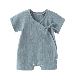 Combinaison bébé en coton mousseline à manches courtes, été, garçon fille, pyjama bébé en coton gaze triangulaire - Product Image 1