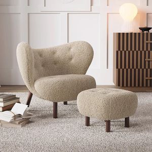 Fauteuil simple de style français, rembourrage en laine de mouton capitonnée, pieds en bois massif, chaise de salon - Product Image 2