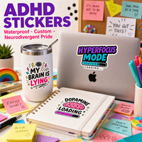 Rouleau d'autocollants découpés sur mesure, design humoristique pour neurodivergents (ADHD), autocollant imprimé avec logo découpé au laser pour l'étiquetage de produits et la marque.