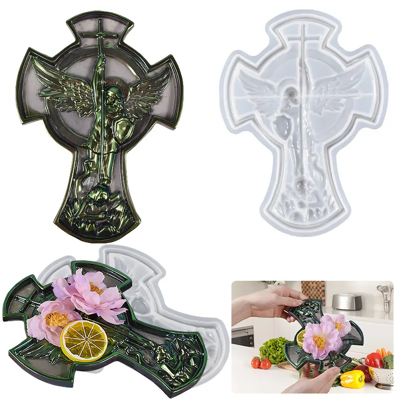 Y637 Angel Michael Statue Hanging Cross Storage Plate Tray Silicone Resin Mold