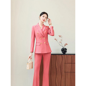 Women's Green Striped Double-Breasted Suit Set Long Sleeve Anti-Wrinkle Worsted Commute Wear - Product Image 2