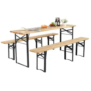 Outdoor Garden Natural 3-Piece Solid Wooden Dining Picnic Beer Folding Table Set With Benches