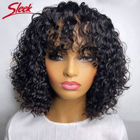Perruque Bob Courte en Cheveux Humains de 10 Pouces, Faite à la Machine, avec Frange, Bouclée, Sans Lacet, Perruque Bob de 14 Pouces en Cheveux Humains, Mèches Highlight, pour Femmes