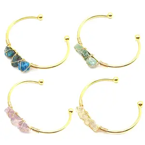 Wholesale Gemstone opening Gold/silver Wire Wrapped Jewelry Natural Crystal Rose Quartz Amethyst Stone Open Bangle Cuff Bracelet